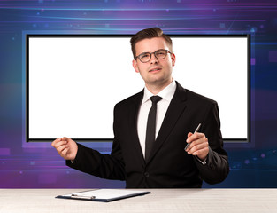 Television program host with big copy screen in his back