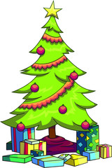 Vector illustration of a decorated Christmas tree with various presents underneath.