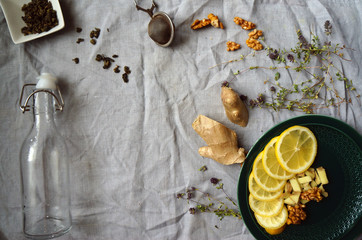 autumn mood. ginger tea. The composition of the product. lemon. hot winter drink. homemade lemonade. natural medicine