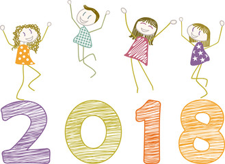 Des hommes, femmes ou enfants sautent de joie à l'occasion de la nouvelle année 2018 - obrazy, fototapety, plakaty