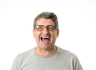 white man 40 to 50 years old smiling happy showing nice and positive face expression isolated on grey background