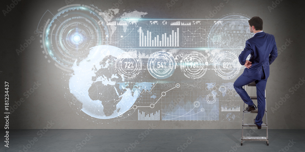 Poster Businessman using graph screens interface on a wall 3D rendering