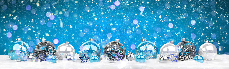 Blue and white christmas baubles 3D rendering