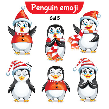 Vector set of christmas penguin characters. Set 3