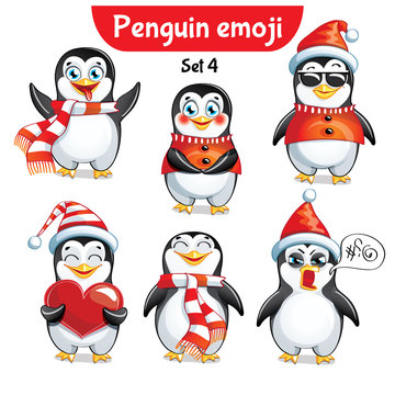 Vector set of christmas penguin characters. Set 4