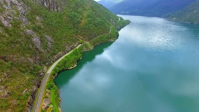 Norway. Sea, islands, mountains, panorama, phantom aerial survey beautiful landscape of Norway aerial vie