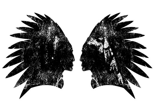 Native american indian warrior profile with feather headdress - black and white vector design