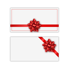 Set of white holiday gift card with red ribbon and bow. Template for a business card, banner, poster, notebook, invitation