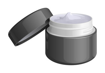 Открытая серебристая баночка крема для лица или для рук, с крышкой рядом, изолированная на белом фоне