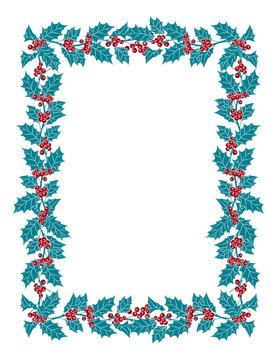 Rectangular frame of Holly on a white background. Preparation for Christmas decoration