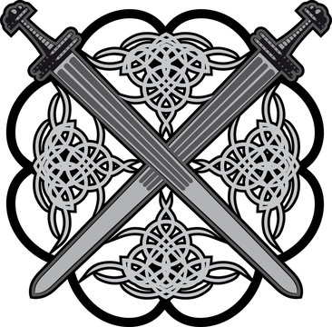 a pair of crossed swords in the old frame of a Celtic pattern