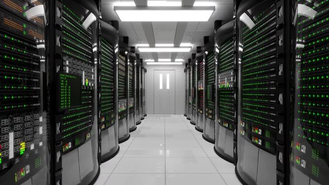 Modern working server room with rack servers. Cloud computing in datacenter, information storage, normal operation of computer with flashing green light indicators and server error with red indicators