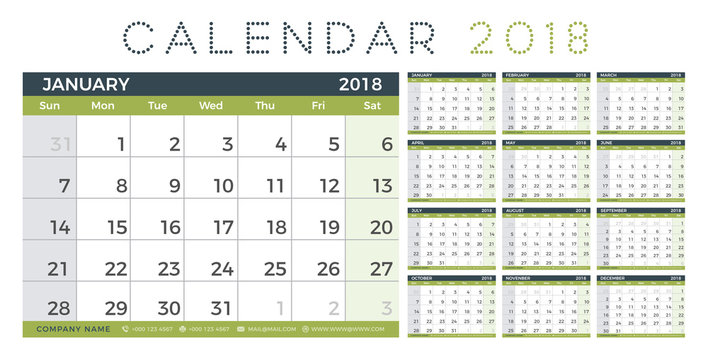 Calendar Planner 2018 year.  Simple minimal wall type calendar template. Week starts from sunday