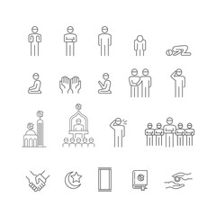 Muslims pray icon set. salam, salah, namaz, yummah, azan, and islamic call to prayer. icon thin line vector illustrator