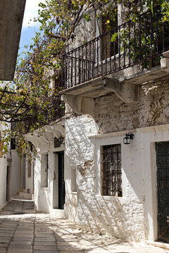 Naxos - Apeiranthos houses, paved street with white marble - Cyclades, Greece
