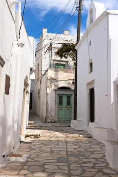 Naxos - Apeiranthos village, marble paved alleys and old white houses, Greece
