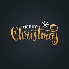 Vector Merry Christmas lettering with New Year snowflake on black background. Happy Holidays typography.