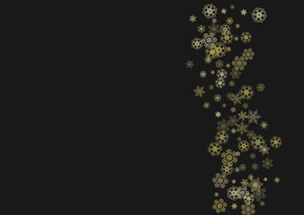 Gold snowflakes frame on black background. New year theme. Horizontal shiny Christmas frame for holiday banner, card, sale, special offer. Falling snow with gold snowflake and glitter for party invite