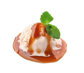 Ice cream ball with caramel sauce on white background