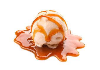 Ice cream ball with caramel sauce on white background