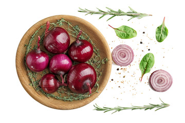 Beautiful composition with red onion on white background