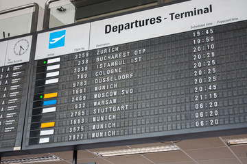 Flight Information Board at the International Airport, departure terminal timetable