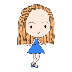 Cute Girl in Blue Dress Cartoon Vector Illustration