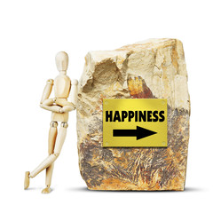 Man leaned against a large rock with an arrow to happiness. Abstract image with a wooden puppet