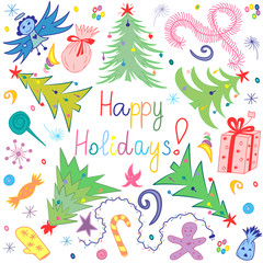 Happy Holiday!Colorful  Children Drawings of Fir trees Arranged in a Circle. Funny Doodle Candies, Garlands, Gifts and Angel. Vector Illustration.