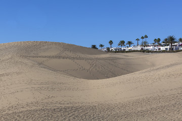 Sand dunes on Gran Canaria, tracks of pedestrians all over them, some smaller houses and palm trees in the background