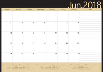 June 2018 calendar planner vector illustration