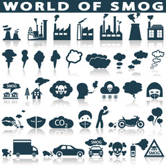 Smog, pollution icons set