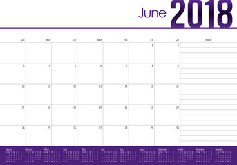 June 2018 calendar planner vector illustration