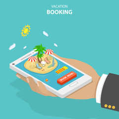 Obraz na płótnie Canvas Vacation booking flat isometric low poly vector concept. Big hand is holding a smartphone with resort island, palms, loungers, umbrella, surf boards and order button.
