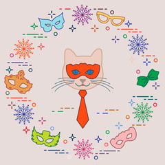 Muzzle of cat and carnival masks, snowflakes, glasses, tie. Carnival festive concept.