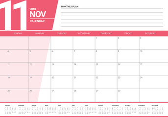 November 2018 planner calendar vector illustration