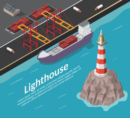 Isometric lighthouse on rock and ship vector