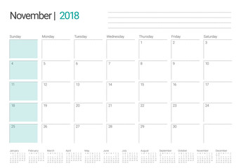 November 2018 planner calendar vector illustration