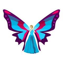 Colorful butterfly with the body of a young woman in blue evening dress. Girl rise her hands to face