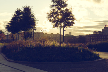 Muzeon park promenade along the Moscow river embankment at sunset