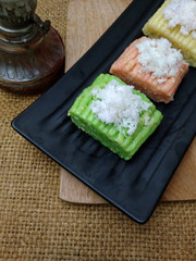 Getuk, Indonesia Traditional Snack Food, made from Steamed Cassava and grated coconut for Topping