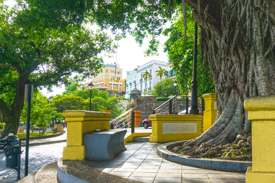 The Plaza Eugenio Maria de Hostos in old San Juan. Colonial architecture in San Juan, Puerto Rico