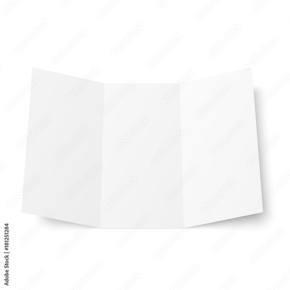 Aufkleber Vector blank white trifold booklet opened on white background. Front side. Tri folded paper sheet in A4. Mock up of empty cover or flyer isolated. 3D illustration