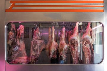 industrial refrigerator with meat pieces.