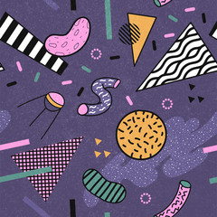 Abstract Trendy Memphis Seamless Pattern. Space Geometric Shapes Background. Retro Vintage Fashion Print 80s 90s. Vector illustration