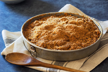 Baked Apple Crisp or Apple Crumble with Brown Sugar Topping in Metal Pan
