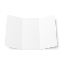 Vector blank white trifold booklet opened on white background. Front side. Tri folded paper sheet in A4. Mock up of empty cover or flyer isolated. 3D illustration
