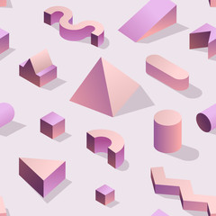 Trendy Abstract Memphis Seamless Pattern with 3d Geometric Shapes. Fashion Background for Textile, Print, Cover, Poster. Vector illustration © Pavlo Syvak