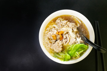 Overhead view vermicelli pork noodle soup popular food Penang Malaysia