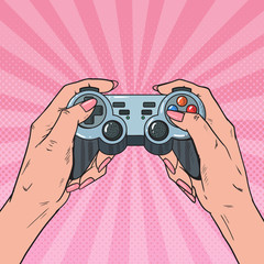 Pop Art Woman Holding Gamepad. Female Hands with Joystick Console. Video Game. Vector illustration © Pavlo Syvak